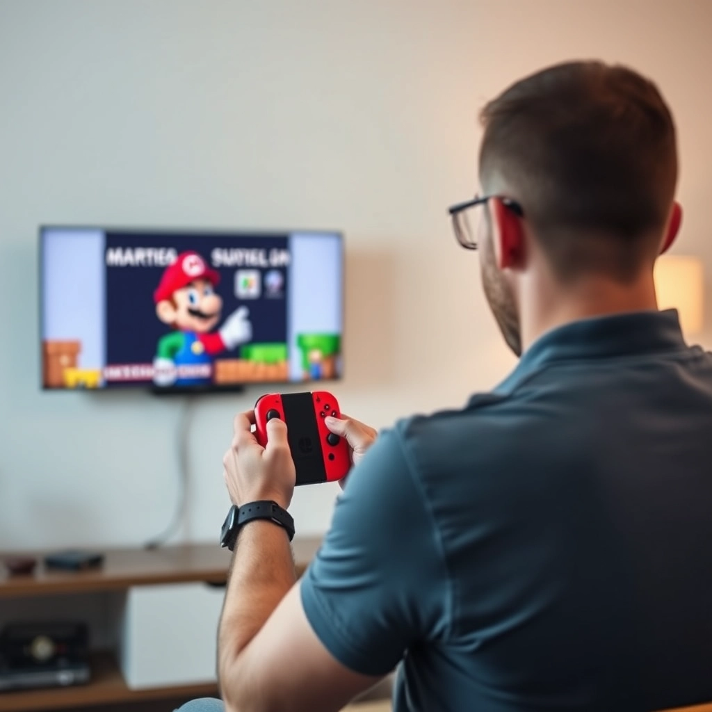 A man is playing Mario on a red Switch connected to the TV.