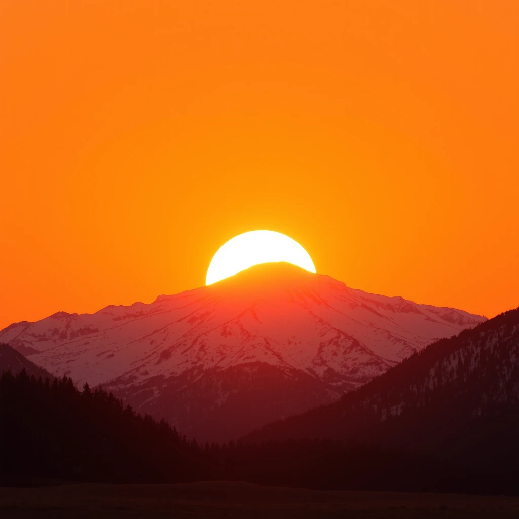 A sun back with a snow mountain at sunset.