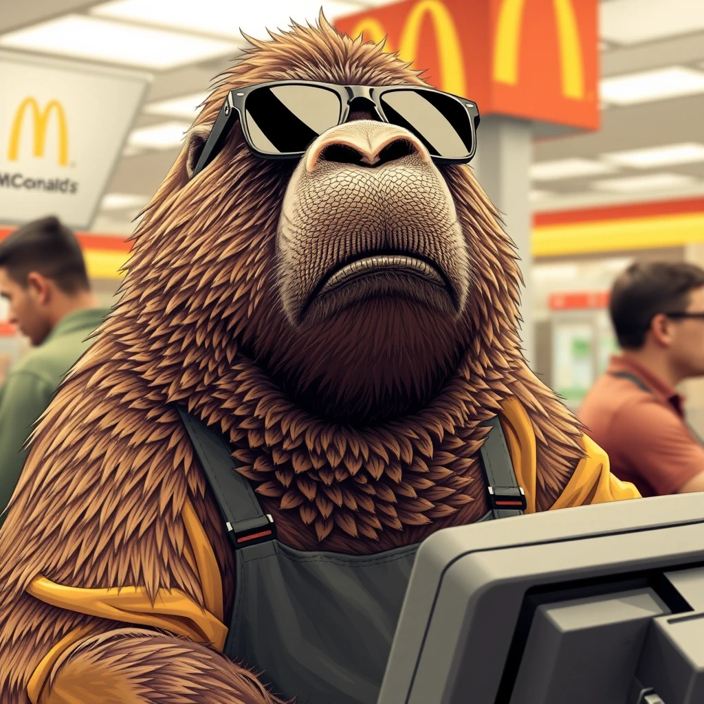 Walrus wearing sunglasses working register at McDonald’s