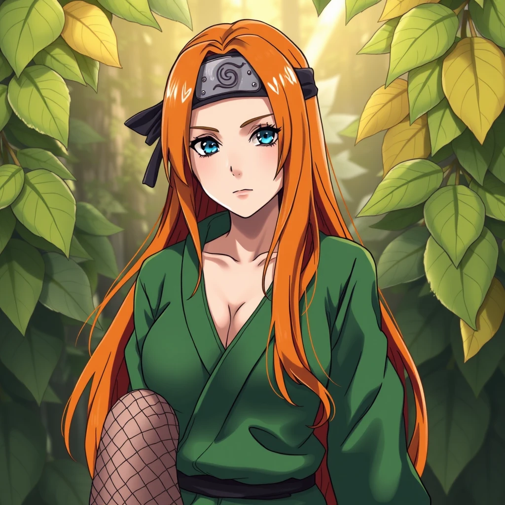 Naruto-style art, Masashi Kishimoto art, anime, Naruto manga, Naruto anime, original character, ginger hair, blue eyes, pretty woman, kunoichi, shinobi, Konoha, ginger long hair, GINGER HAIR, blue eyes, beautiful girl, beautiful young woman in Naruto style art, feminine, fishnets, village hidden in the leaves headband, fishnets, green kunoichi attire, feminine kunoichi attire, Naruto headband, fishnets tights on legs, flattering kunoichi fishnets with green outfit, long hair down and flowing, full body, older aged woman, Jonin, Jonin kunoichi, stylish outfit, mid 20’s in age.