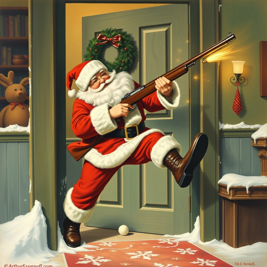 Santa kicks in a door while wielding his trusty rifle, as painted by Arthur Sarnoff 1952. - Image