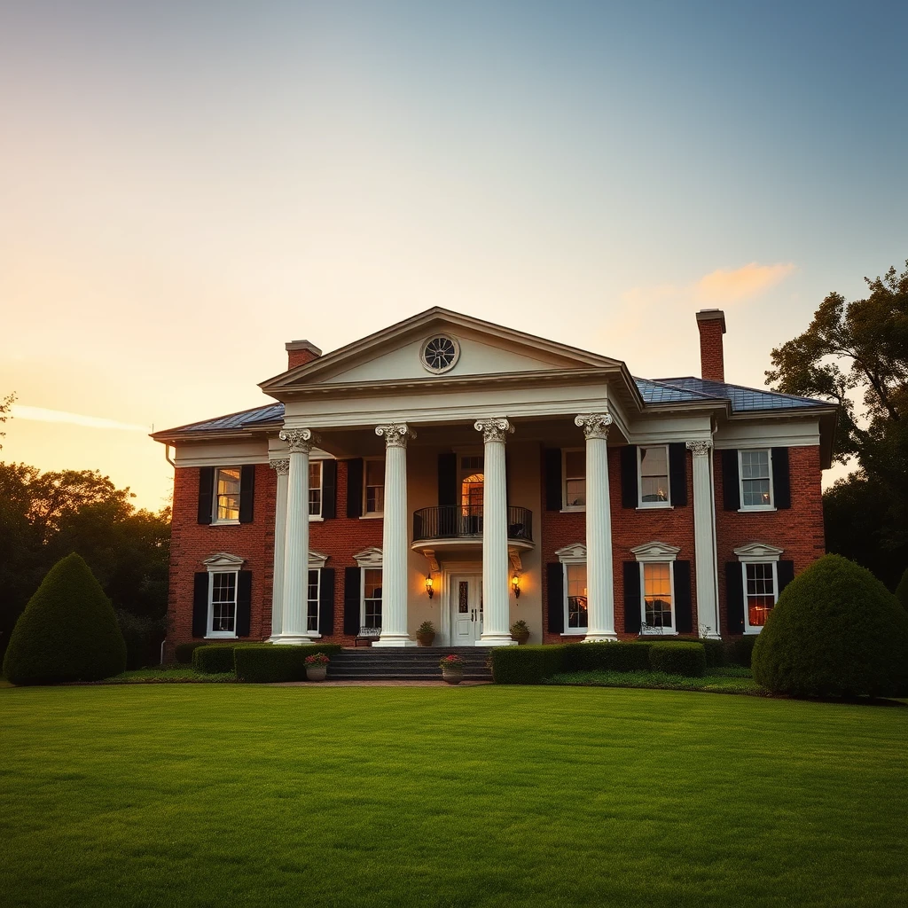 A beautiful 19th century country house in empire style with columns at sunset.