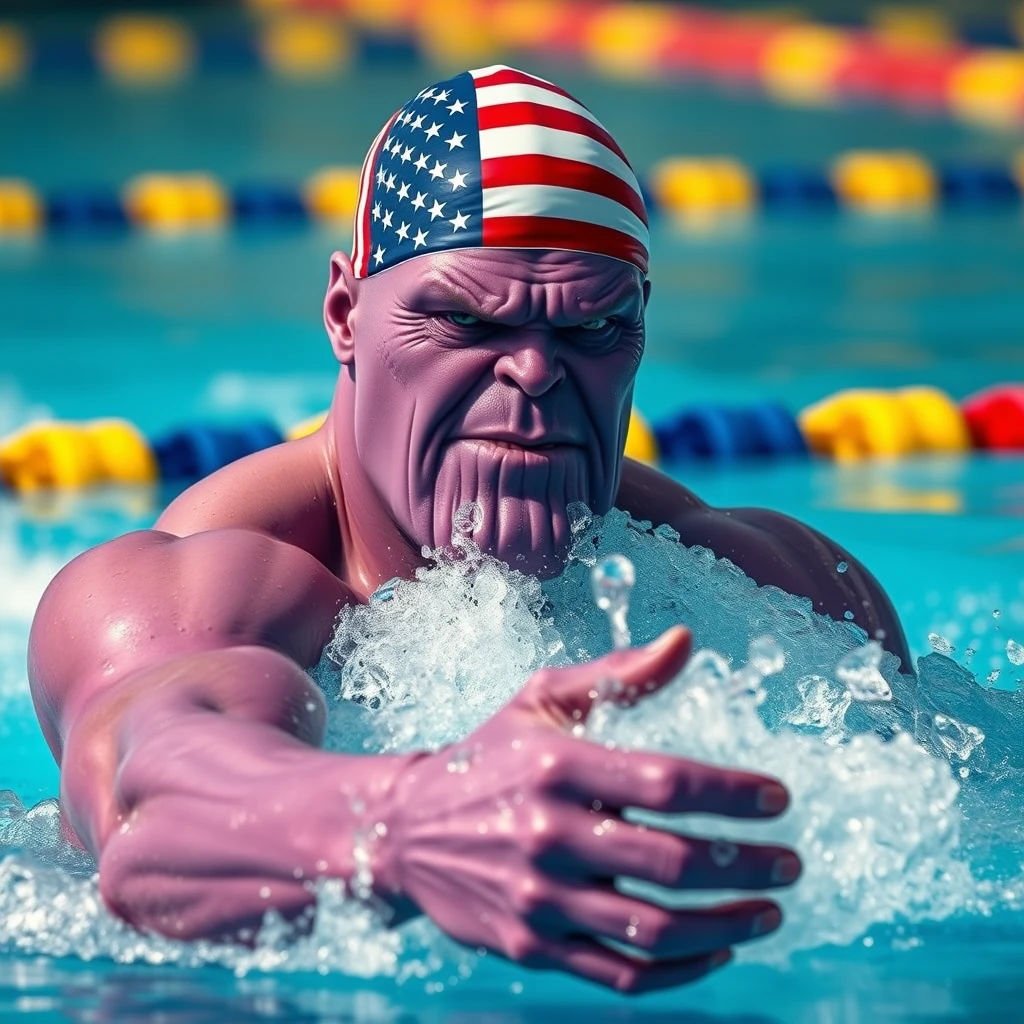 "Only the purple-faced Thanos is competing in a swimming race, wearing a swimming cap with the American flag, in a realistic style, depicting hand movements."