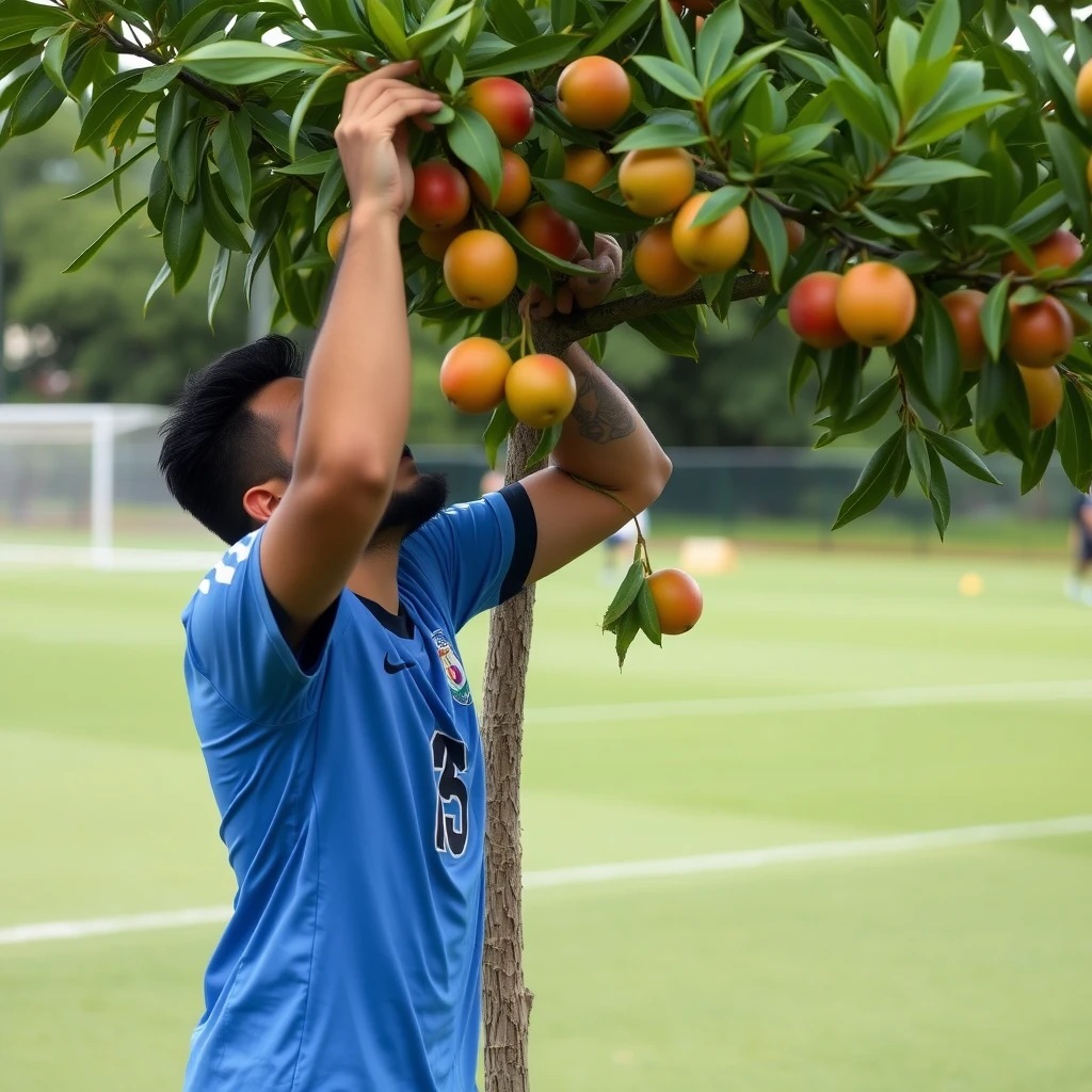 A picture of Lautaro Martinez picking fruits from a tree in the middle of a soccer field. - Image