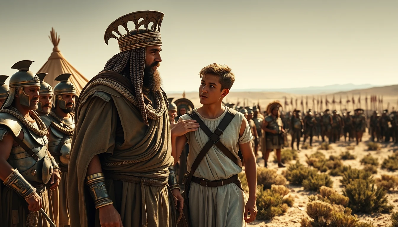 A young man is arguing with a middle-aged Mesopotamian king. The young man is dressed in simple biblical shepherd's attire. Both men are surrounded by a diverse group of men in ancient Mesopotamian Bronze Age soldier armor. In the background are Mesopotamian tents pitched on a desert shrub land. In the distant horizon stands another army armed and ready to fight. Dramatic lighting. - Image