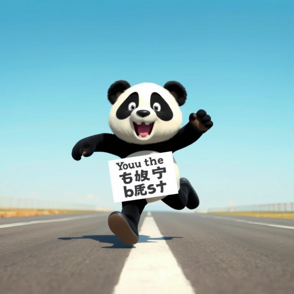 A personified panda is sprinting on the runway, holding a sign that says "You are the best" in Chinese characters.