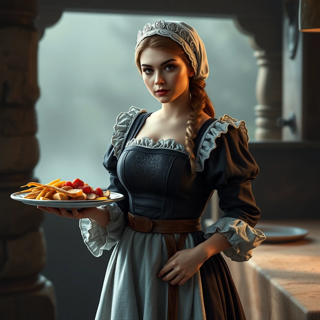 photo realistic medieval maid holding a plate of food