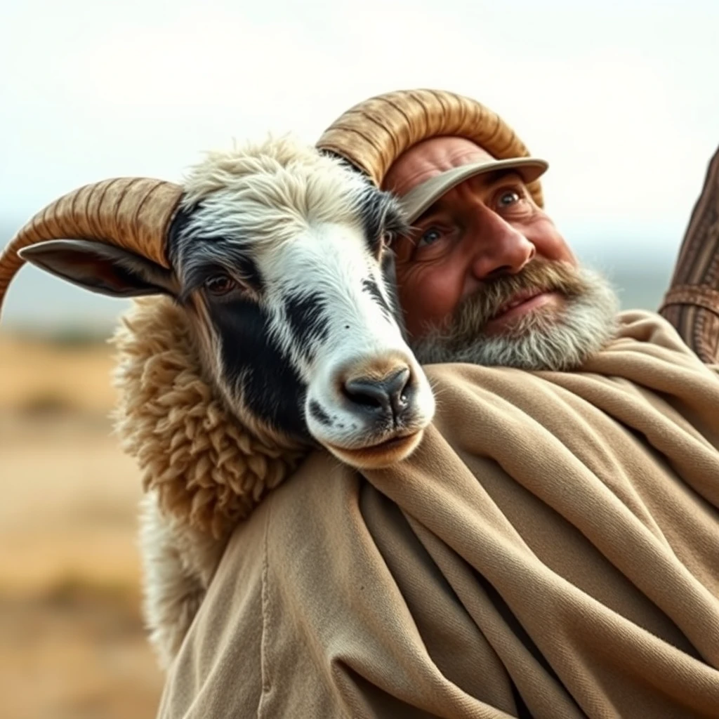 A distressed sheep (with no horns) over the shoulder of an Israelite shepherd who is glad.