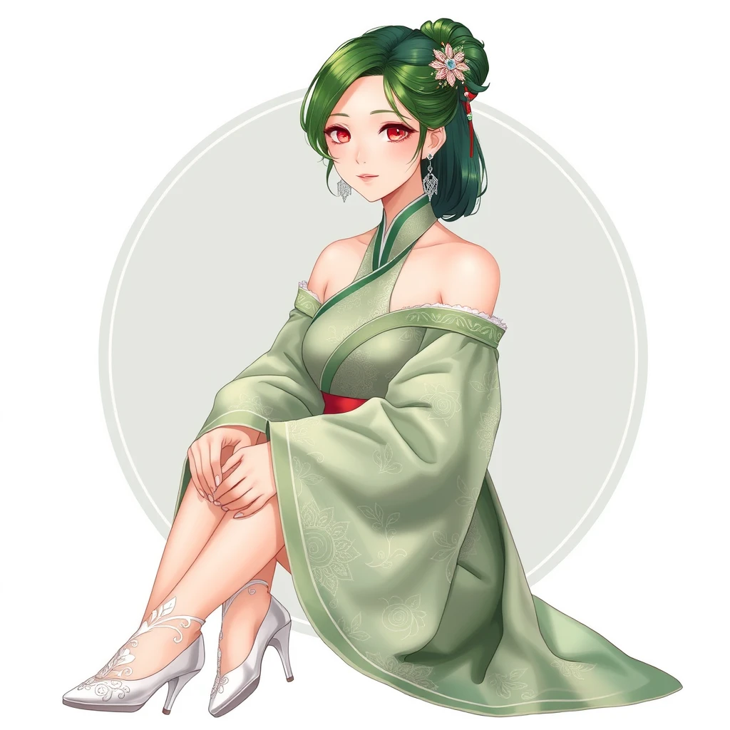 1 girl, female only, solo, (full body, :1.05) 
(curvy body, slim, slender body, petite body, :1.2), detailed face, 
(seductive face, seductive eyes:1.15) 
medium hair, flipped hair, 
green hair, 
hair ornament, earrings, 
East Asian, oriental, 
silver and green hanfu embroidered with exquisite patterns, sash, bare shoulders, off shoulder, wide sleeves, 
ultra exquisite white high heels embroidered with intricate pattern, sitting, - Image