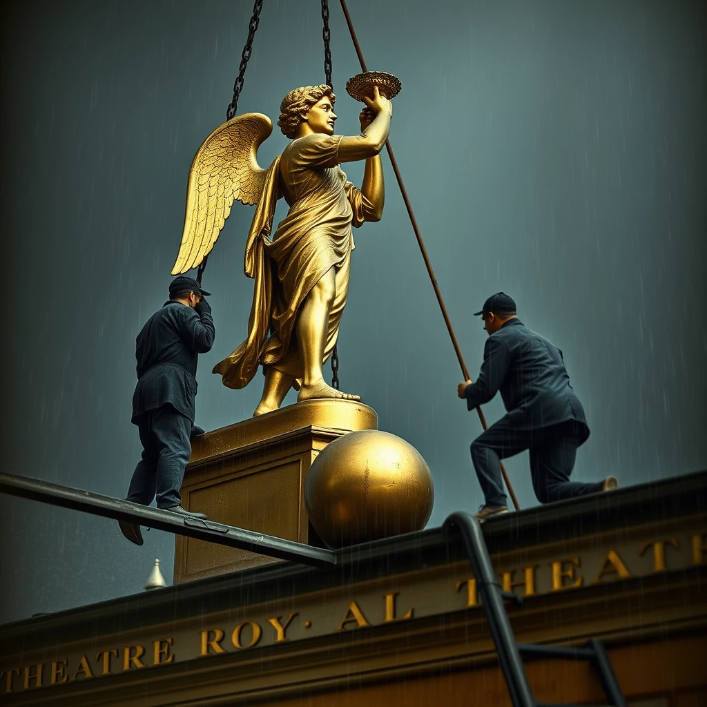 A highly detailed photograph depicting four men removing an 8' tall gilt statue of 'Victory' who is holding an angel's horn and standing on a small ball from the roof of the 'Theatre Royal' in Chatham, 1920. It's raining, dark, and overcast.