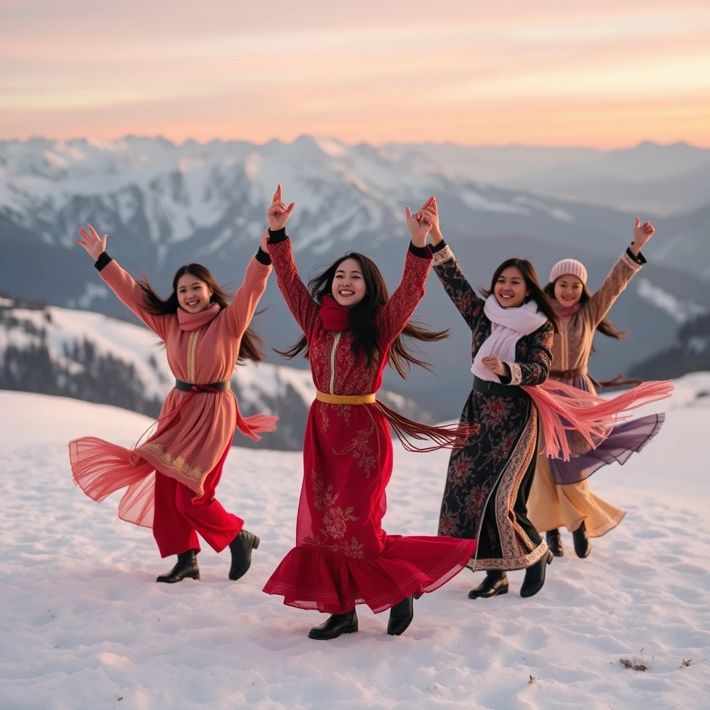 A group of Asian girls dancing on a snowy mountain