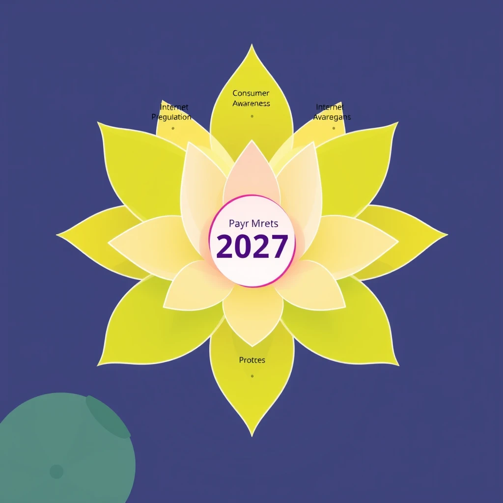 Create a visual representation of a lotus flower, where each petal represents a key factor contributing to market growth (e.g., internet penetration, consumer awareness, personalization). The center of the flower could show the current market value, with projections for 2027 illustrated as expanding ripples in the pond. - Image