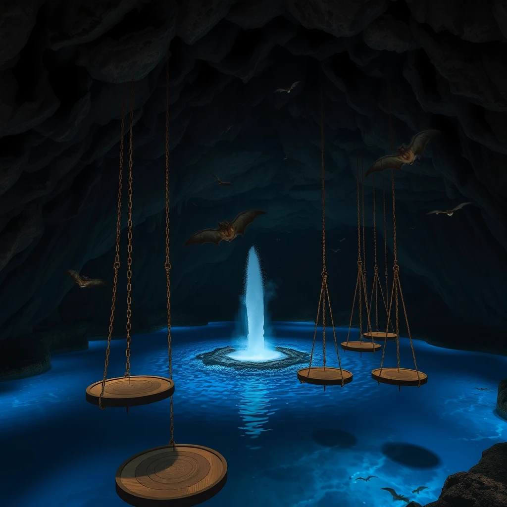 A large cavern, dimly lit. There is blue water filling the bottom of the cavern and a geyser is erupting. Hanging from the ceiling in a row are a series of chains with round wooden platforms at the end of the chain that are suspended above the water. Bats are flying around.