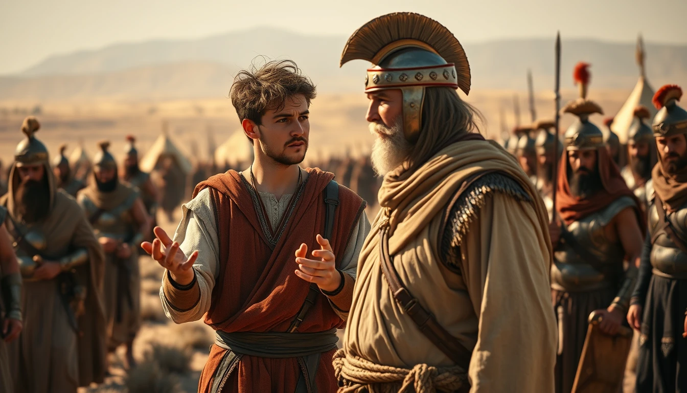 A young man with messy hair is looking anguished at a man in his late 50s. The young man is gesturing passionately with both hands like an Italian, dressed in ancient biblical shepherd's attire. The older man is dressed to resemble a Mesopotamian soldier king. The young man stands apart from the middle-aged man. Both men are surrounded by a diverse group of men in ancient Israelite Bronze Age soldier armor. In the background, there are Bedouin tents pitched on desert shrub land. In the distant horizon, stands another army armed and ready to fight. The lighting is dramatic.