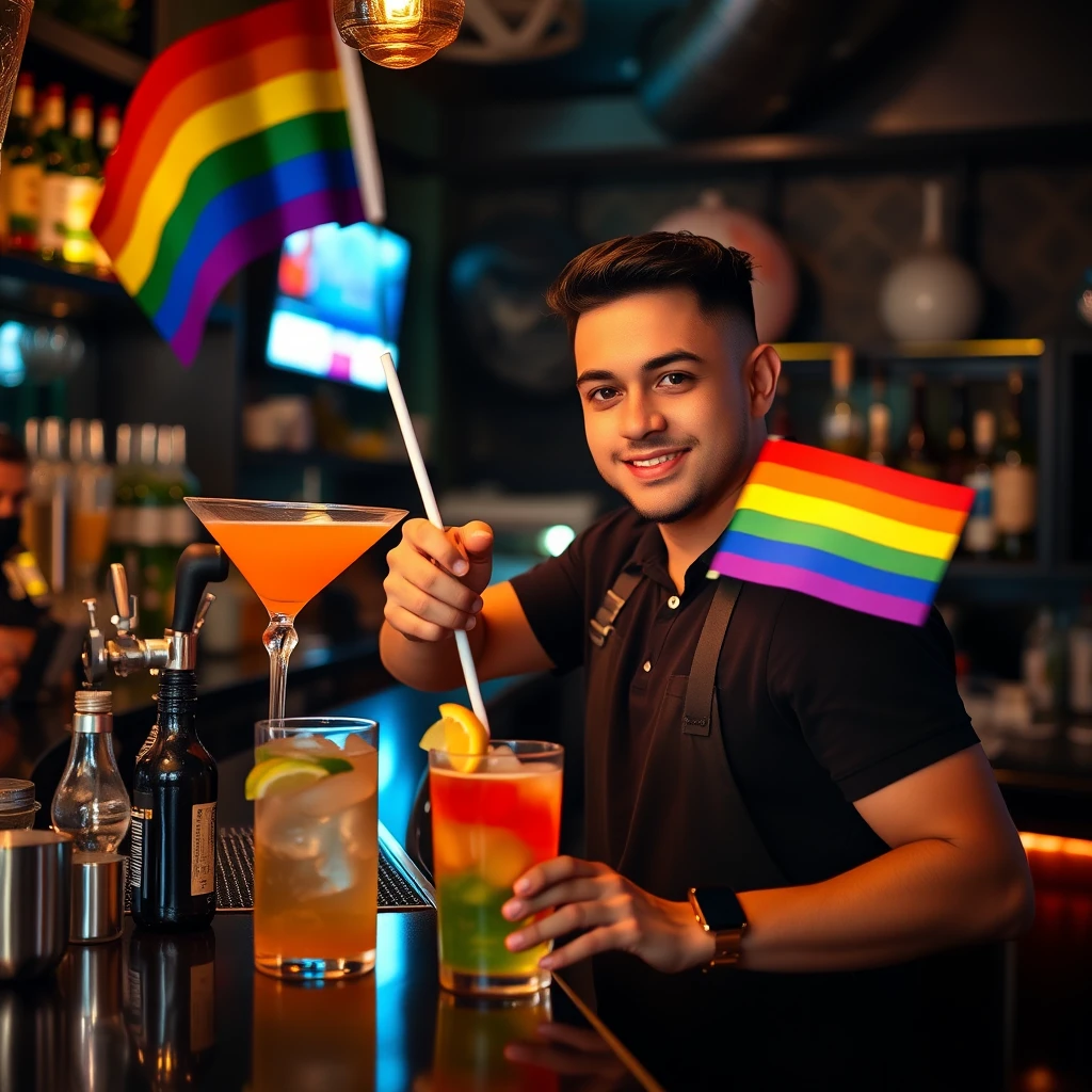 young strong northeastern Brazilian LGBTQ+ boy working as a bartender, LGBTQ+ bar setting, serving colorful drinks, rainbow flags.