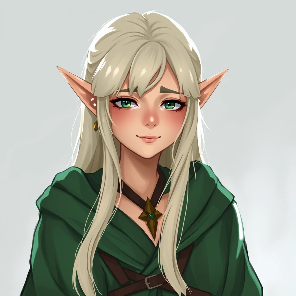 Fantasy. A female elf. Platinum blonde hair. Happy but tired expression on her face. Wearing long green robes. Tall and regal.