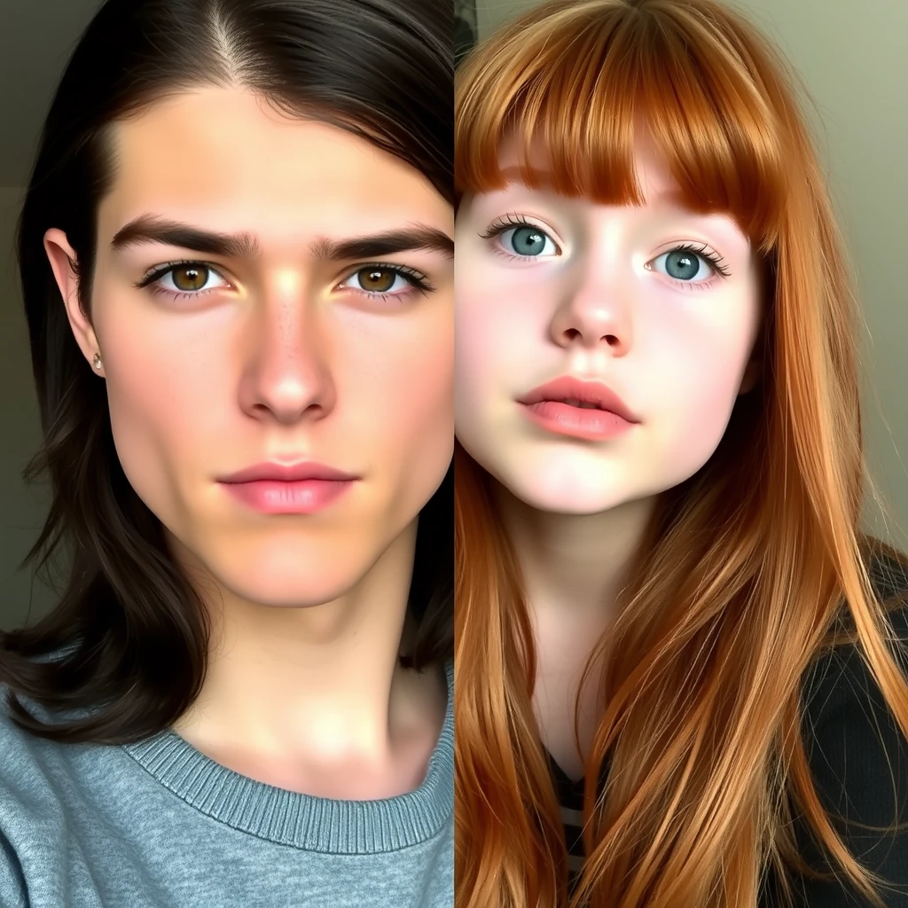 Young man with long dark brown hair parted in the middle, sharp facial features, pale skin, light brown eyes, thick eyebrows, and long eyelashes, next to a cute white ginger girl with a turned-up small nose, pink lips, green eyes, and long bangs. - Image