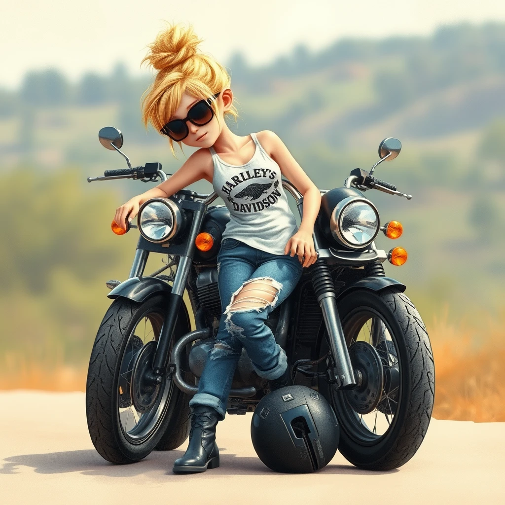 hyper detailed soft pastel watercolors alcohol ink of a whimsical little sweet blonde leaning up against her black motorcycle, wearing blue ripped jeans and a Harley Davidson white tank top, black riding boots, hair in a messy bun blonde in color, black sunglasses, has a little attitude and her black motorcycle helmet is on the ground beside her black motorcycle, soft scenery background, textured painterly on canvas, animated movie image, 3D, HD