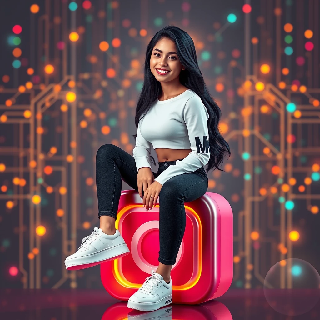 This 8K high-resolution 3D image captures the essence of the modern young lady, Manpreet Kaur, sitting confidently on top of the iconic Instagram logo. A fair-skinned young girl, her glossy black hair flows down her back, framing her vibrant facial features that exude joy and charisma. Dressed in a crisp white crop top with sleeves emblazoned with the word “MK,” black jeans, and sleek white sneakers, she effortlessly pulls together her stylish ensemble. A vibrant social media profile page with the username “Manpreet Kaur” comes to life around her, displaying her image as the profile picture. The background pulsates with digital connectivity, symbolizing today’s youth and their digital prowess. This emotionally charged, high-energy scene exudes contemporary flair, embodying the spirit of digital connectivity in today’s world. - Image