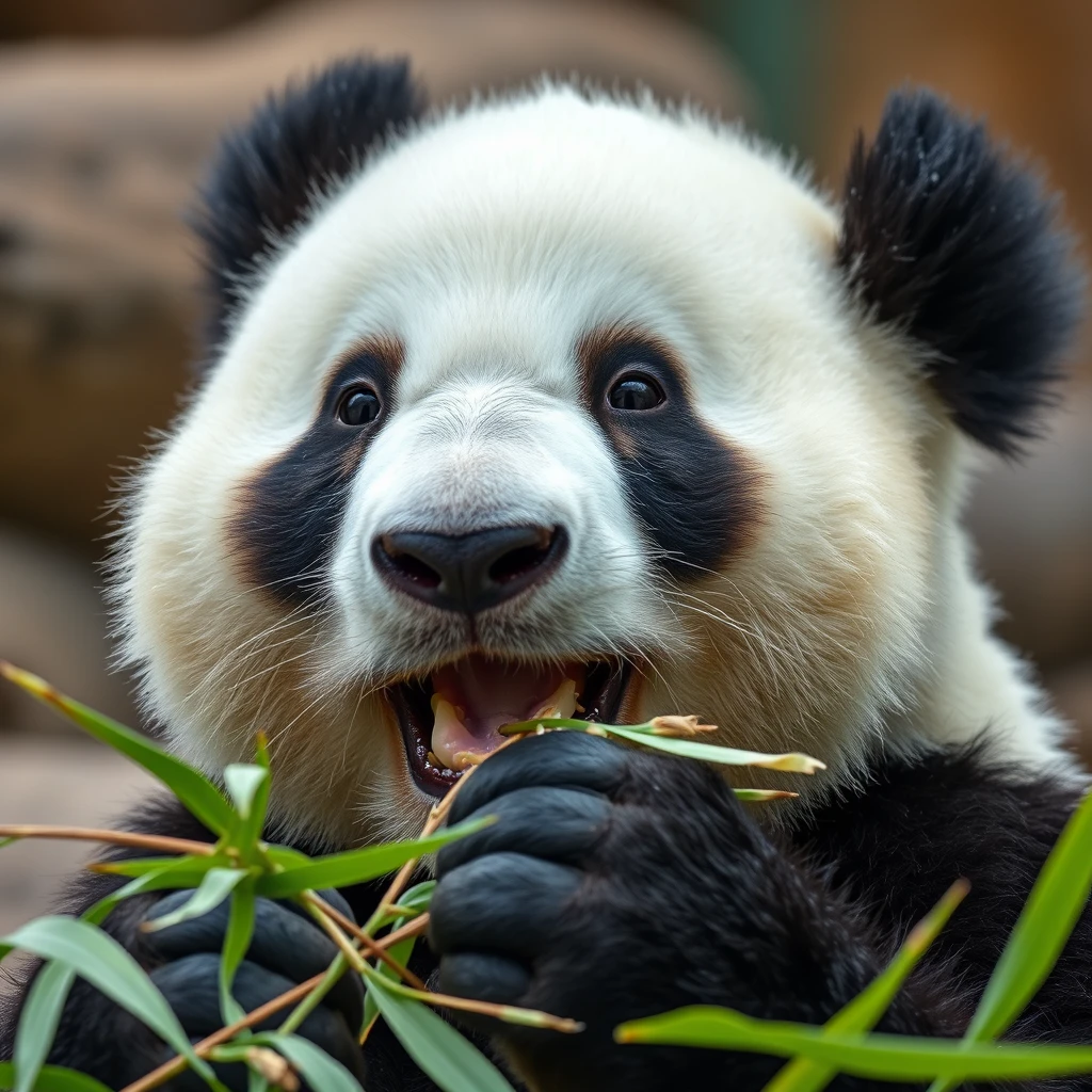 A close-up of a panda eating bamboo shoots, ultra-realistic HD photography. - Image