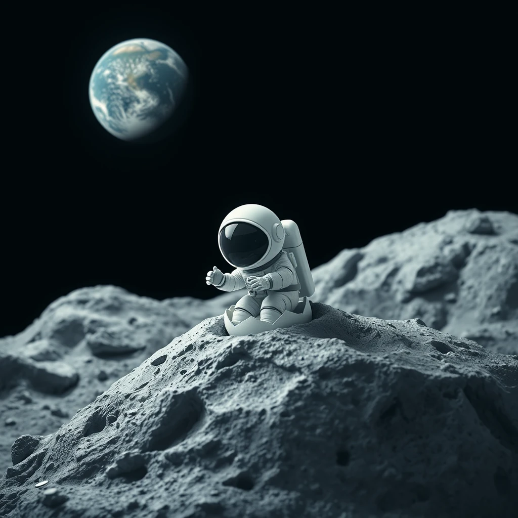 little astronaut hatching from an egg on the moon, in the background is a black sky with the earth in it