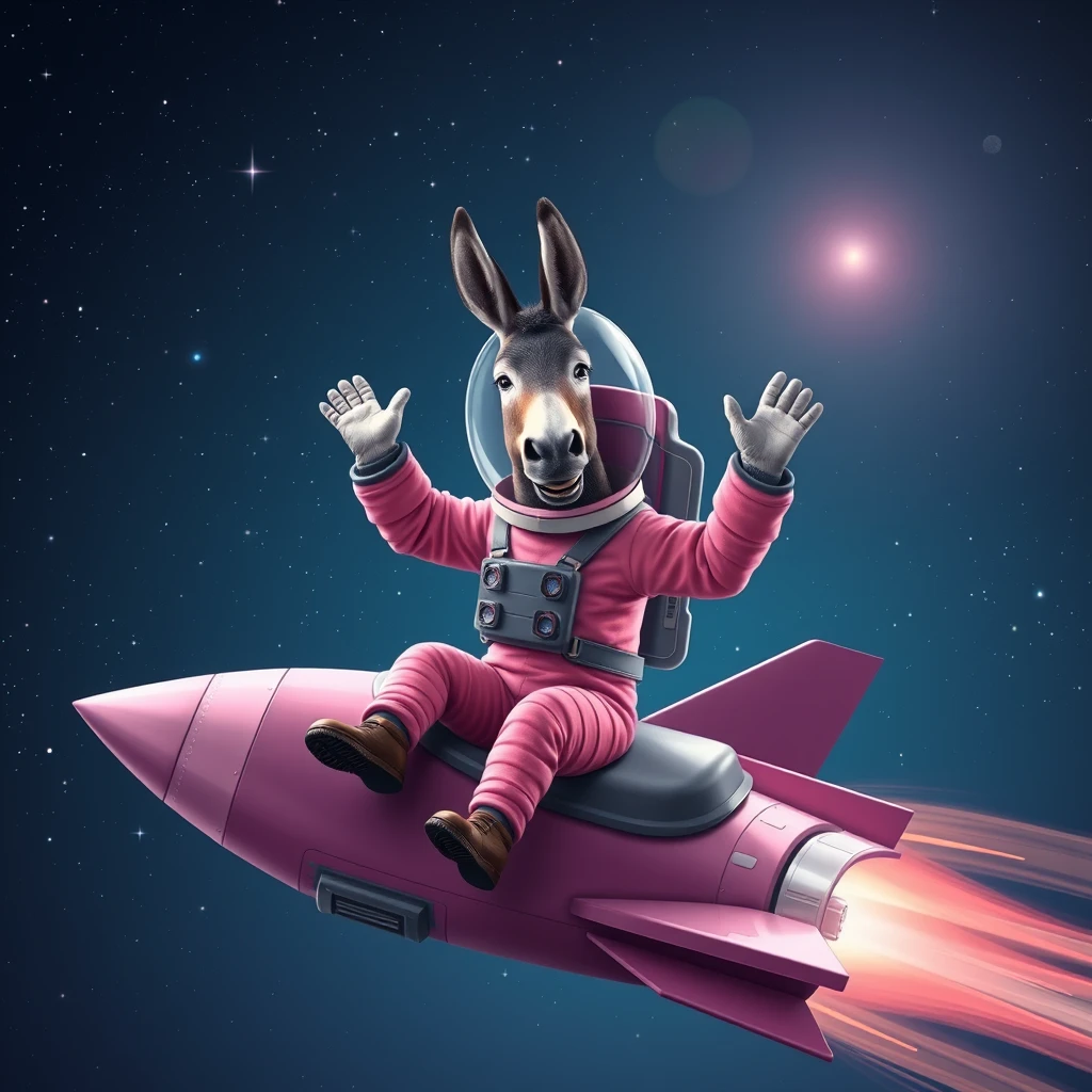 An ambitious donkey wearing pink astronaut costume, riding on a stunning spaceship, waving his hands, flying to the outerspace under a clear night sky with lots of shining stars. Realistic style. - Image