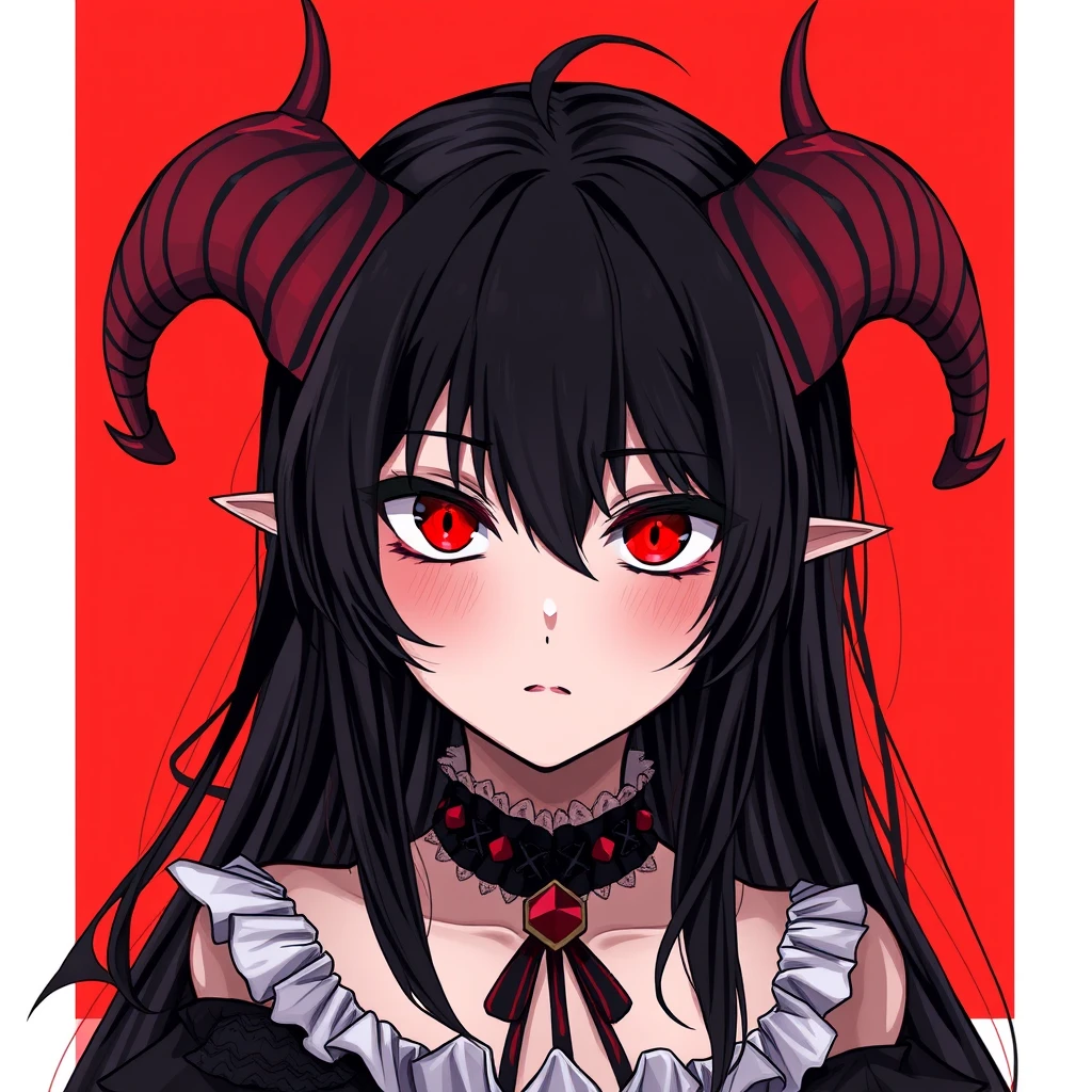 anime girl with red eyes, red background, 1 girl, dark, horns