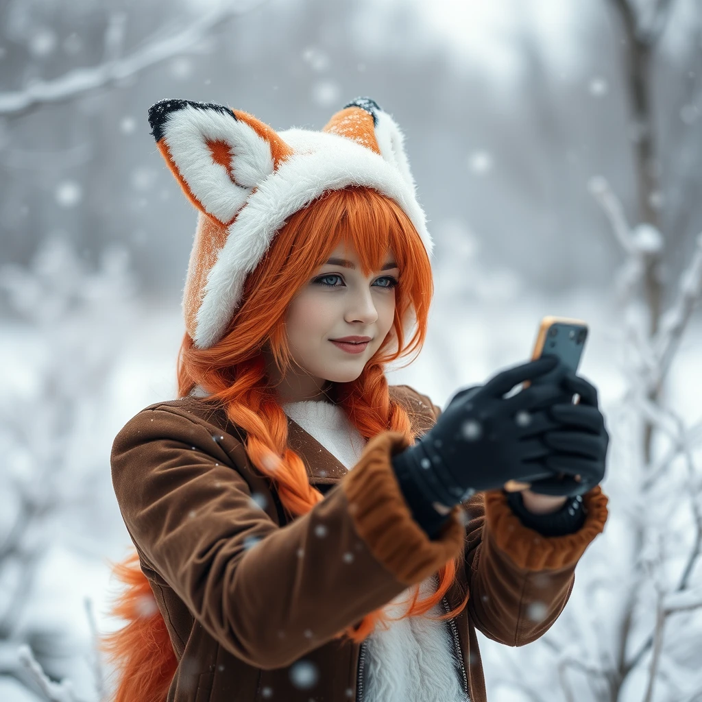 iPhone photo: A young woman in a fox cosplay in the snow.