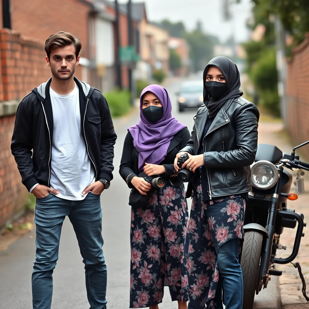 Jamie Dornan and Freddie Prinze, head and body shot, handsome, young, serious face, dark brown hair, white T-shirt, college jacket, skinny jeans, sneakers, standing, discussing with two guys and a Muslim girl wearing a short purple hijab, beautiful eyes, black face mask, black leather jacket, the biggest floral skirt, holding a Canon DSLR camera, near a town road, superbike, hyper-realistic, street photography, brick wall, full body photo.