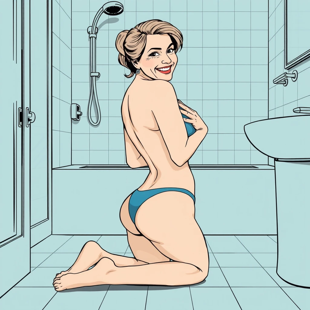 Comic lineart: In the bathroom, a mature woman in swimwear, with her hands on her breasts, kneels on the ground and looks back at the viewer while smiling.