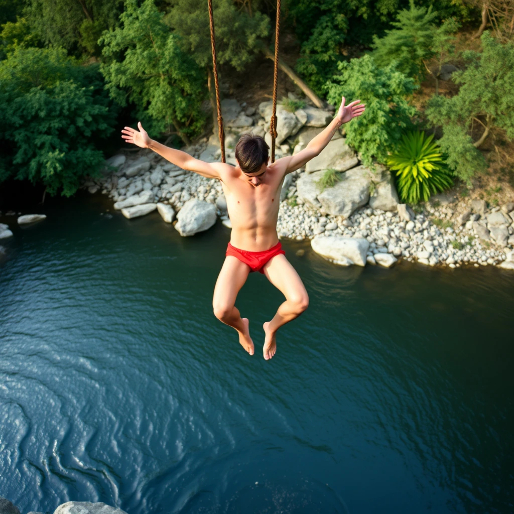 A skinny dipper jumping off a rope swing into a river.