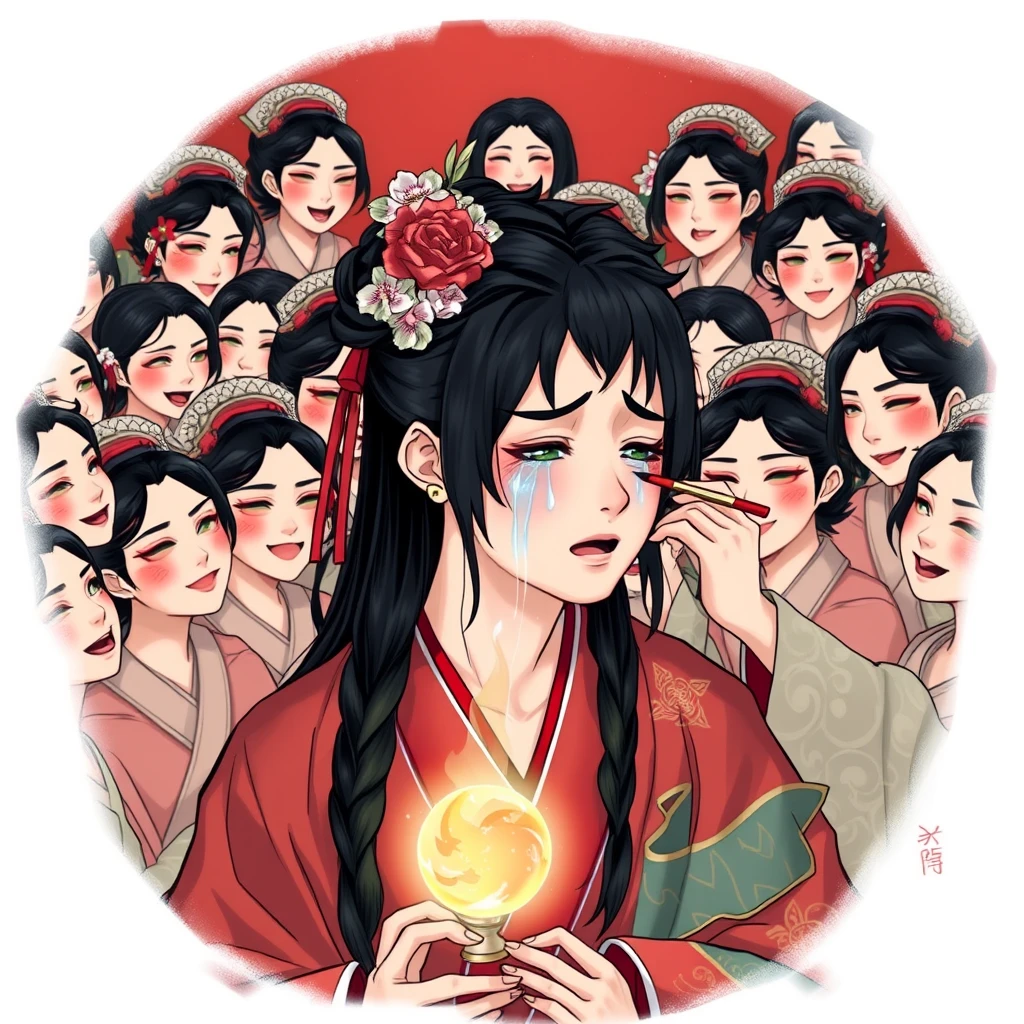 A girly young man is forced to cross-dress as an oiran; he is streaming tears and sobbing, surrounded by many smiling oirans who are doing his makeup. The boy is turning into an oiran by magic.