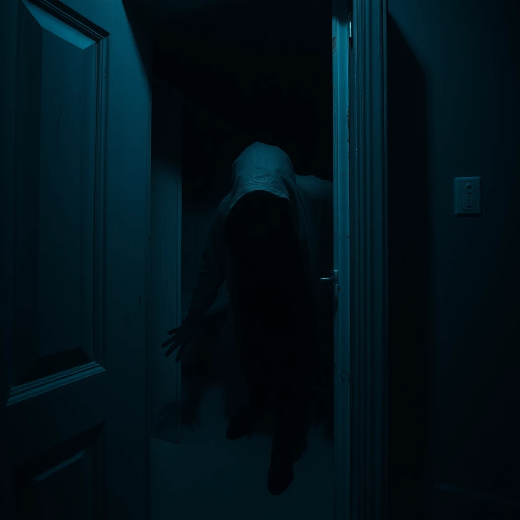 A scary black ghost in a closet, photo realistic