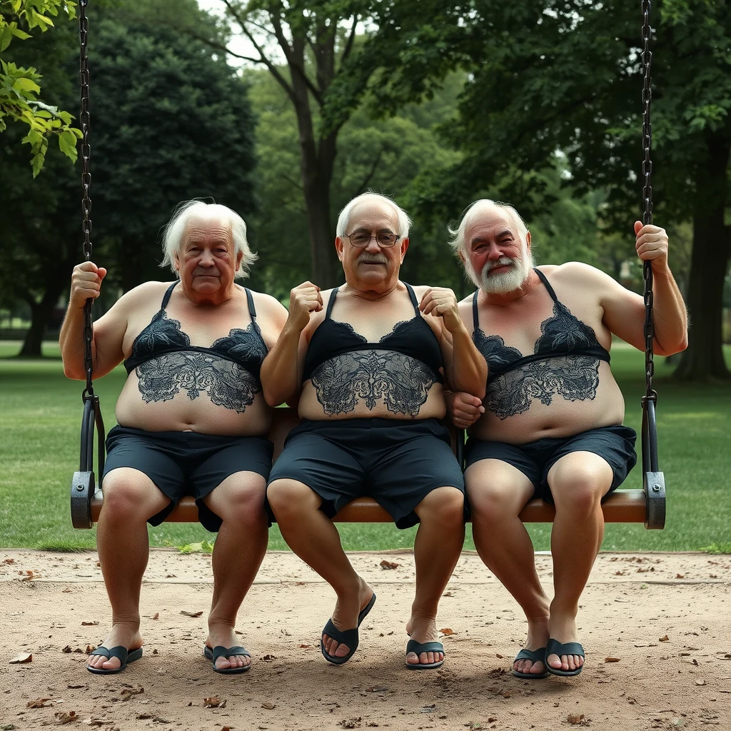 3 larger older trans men aged 80 in the park on swings wearing lace bikinis.