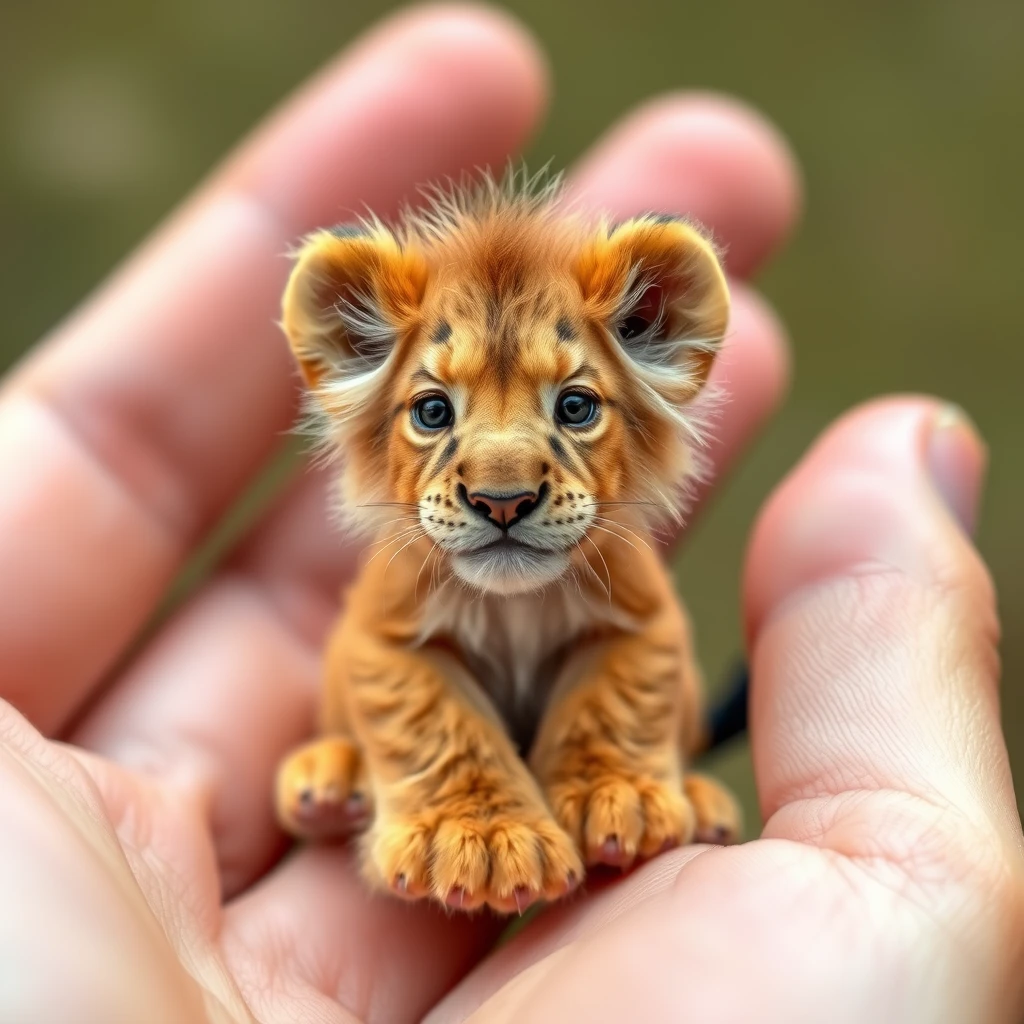 A very small tiny cute lion on four in a hand