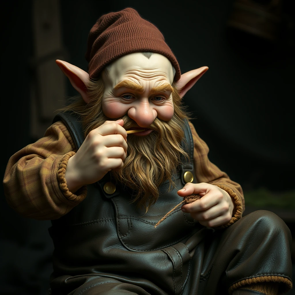 A dwarf with leather overalls sewing leather together and chewing on a toothpick. - Image