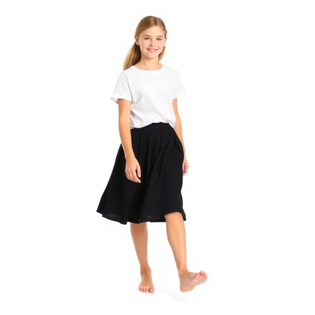 Create a photo: A 16-year-old teenage girl is wearing a knee-length wide black skirt and a white T-shirt, and she is barefoot. She is fully visible and walking towards the viewer. The background is white. - Image