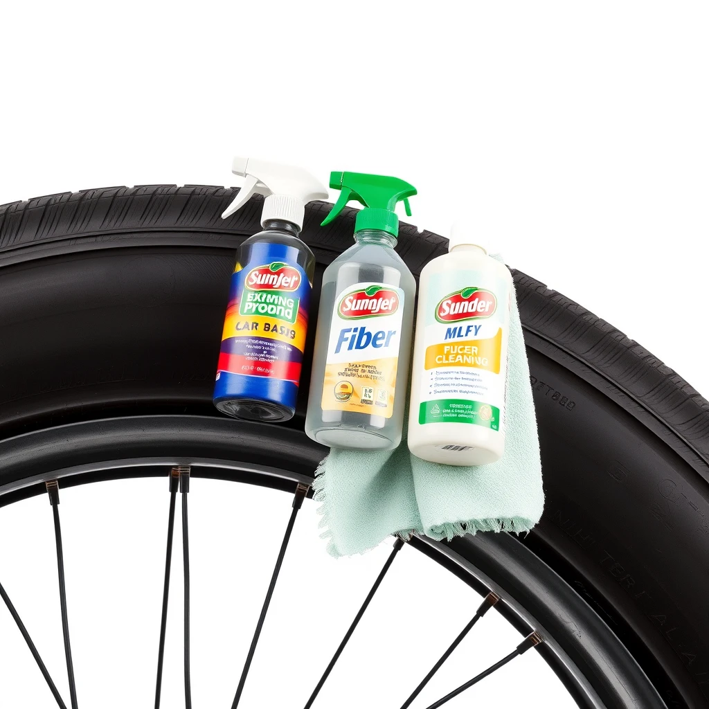 Product photography of 3 cleaning products placed on a car tyre, include a yellow sponge, a fiber cloth, no logos, no text or brand names, isolated on plain white background, Hasselblad, Kodak, portra 800, photo taken from a slight angle.