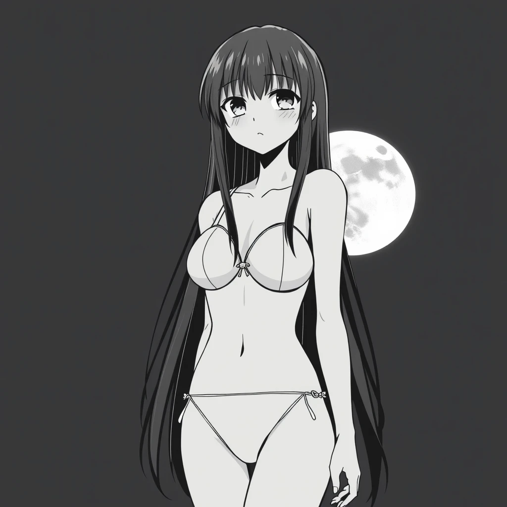 Girl with long, black hair in a bikini. In the background, a black sky with a big, bright moon. Manga, grayscale.