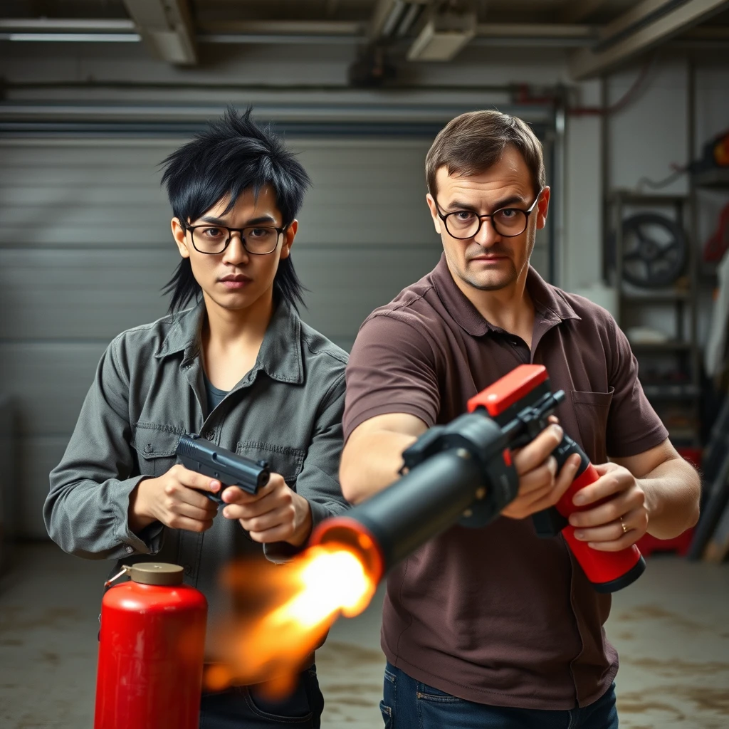 2 person setting, "21-year-old northern Chinese thin long-faced man wearing square glasses, mid/long black mullet hair, holding a pistol" and "21-year-old white Italian man wearing round glasses, short hair, holding a very large fire extinguisher flamethrower", garage setting, both angry.