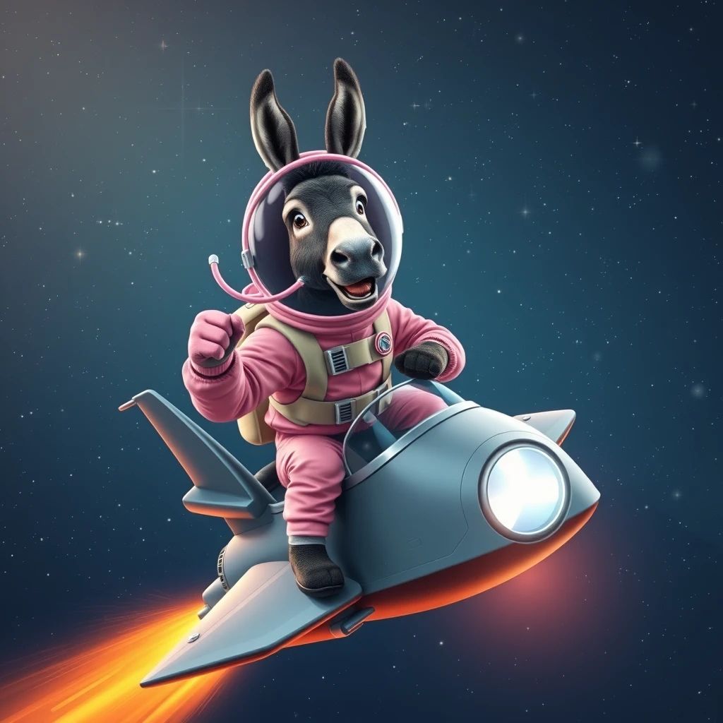 An ambitious donkey wearing pink astronaut costume, riding on a stunning spaceship, making a punching gesture, flying to the outerspace under a clear night sky with lots of shining stars. Realistic style.