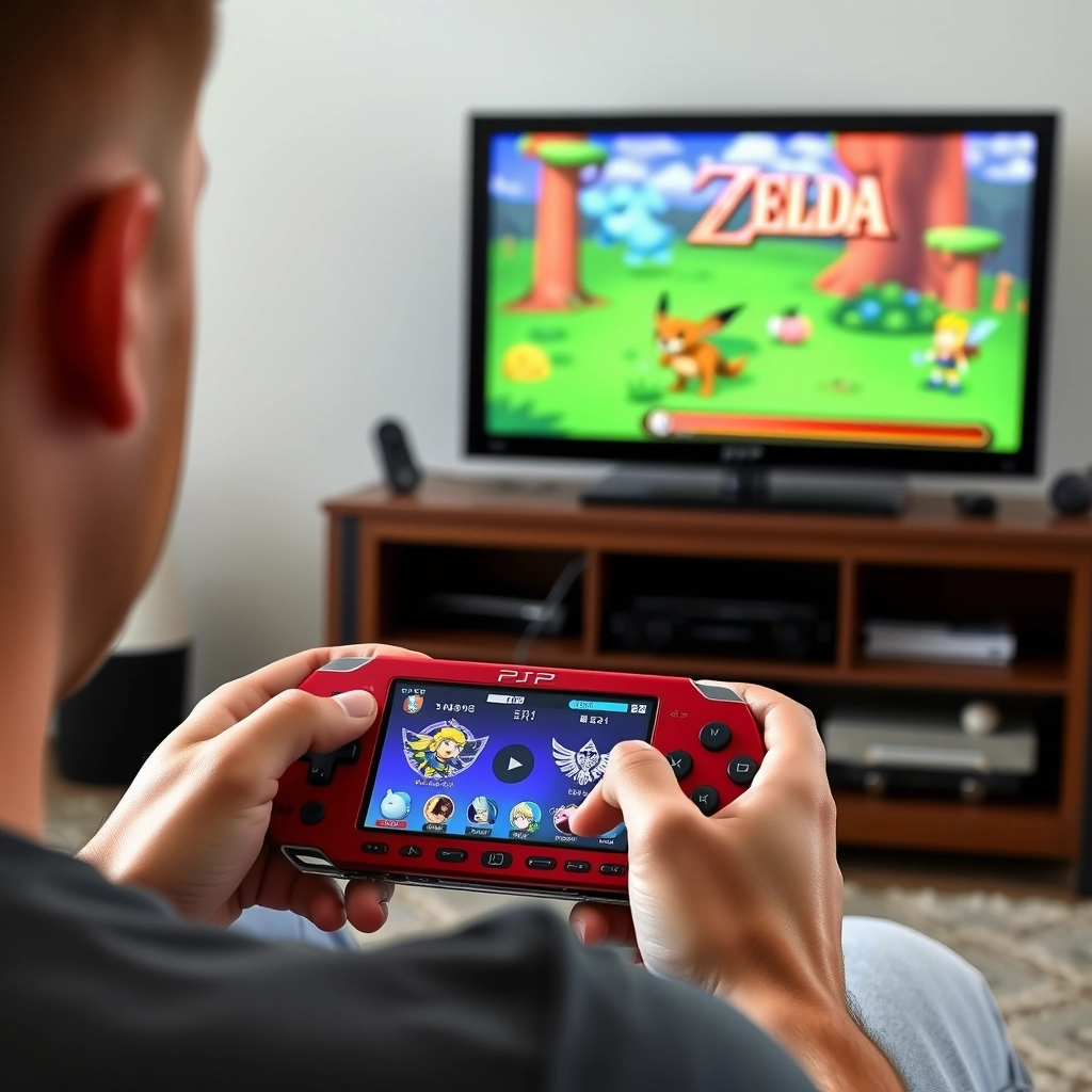 A man plays Pokémon and Zelda on a red PSP connected to a TV.