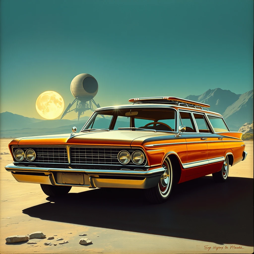 Front corner view, a retro-futuristic station wagon concept, a painting by Syd Mead, sleek, moon setting, lunar lander in the background. - Image