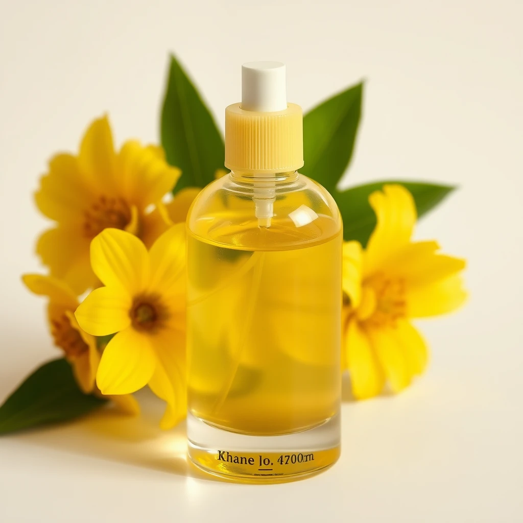 Transparent cosmetics, the bottle has yellow liquid, with yellow monochromatic flowers and green leaves accentuating the bottle behind, minimalist style. - Image