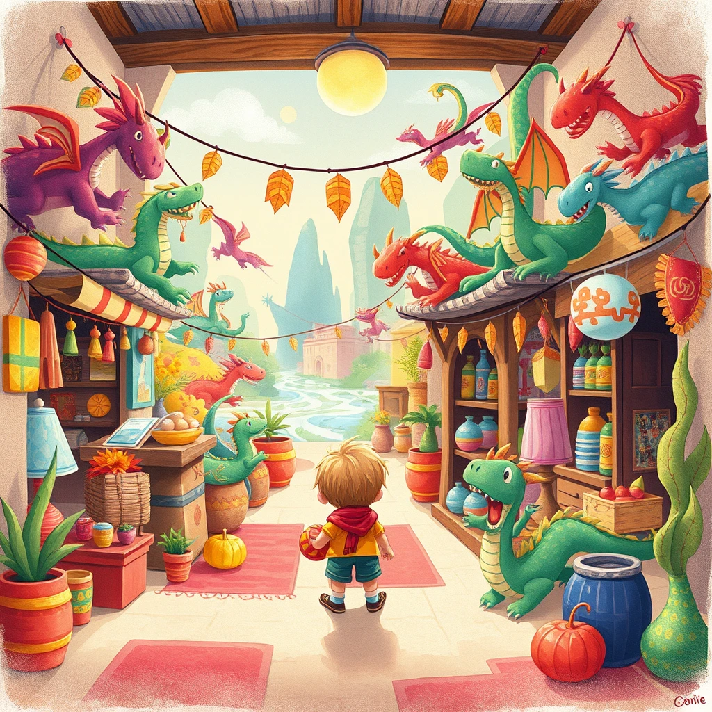   “Create a vibrant and playful illustration featuring a lively ancient marketplace with a whimsical, child-friendly style. 
  Use bold, bright colors and soft, rounded shapes to evoke a sense of wonder and excitement. 
  The atmosphere should be colorful and engaging, with abstract representations of stalls and buildings. 
  For another scene, illustrate a calm riverside with gentle, flowing lines and soft, soothing colors.
  Add a touch of fantasy with imaginative elements to make the environment inviting for children. 
  Consider a festive scene with bright, cheerful decorations and a fun, animated vibe. 
  Ensure the illustrations are highly detailed, with a high level of artistry, and are appealing and engaging for a young audience.”

a boy's home decorated with many dragons in a fantasy style, dragons on the walls, doors, and household items, bright colors, ((masterpiece))