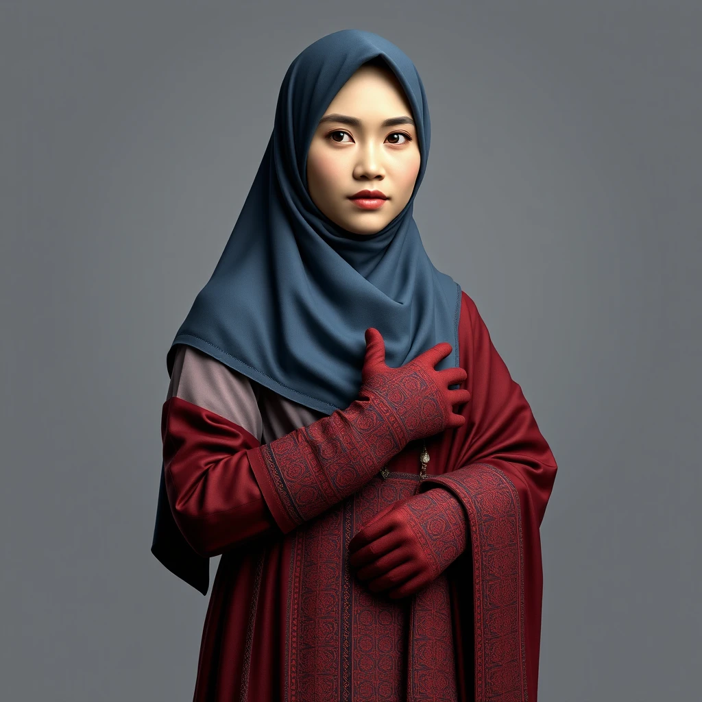 A 3D, 8k depiction of a Muslim woman from Palembang, wearing a traditional long songket and a long gown (gamis). She is adorned with a hijab that covers her chest and wears batik gloves covering her hands.