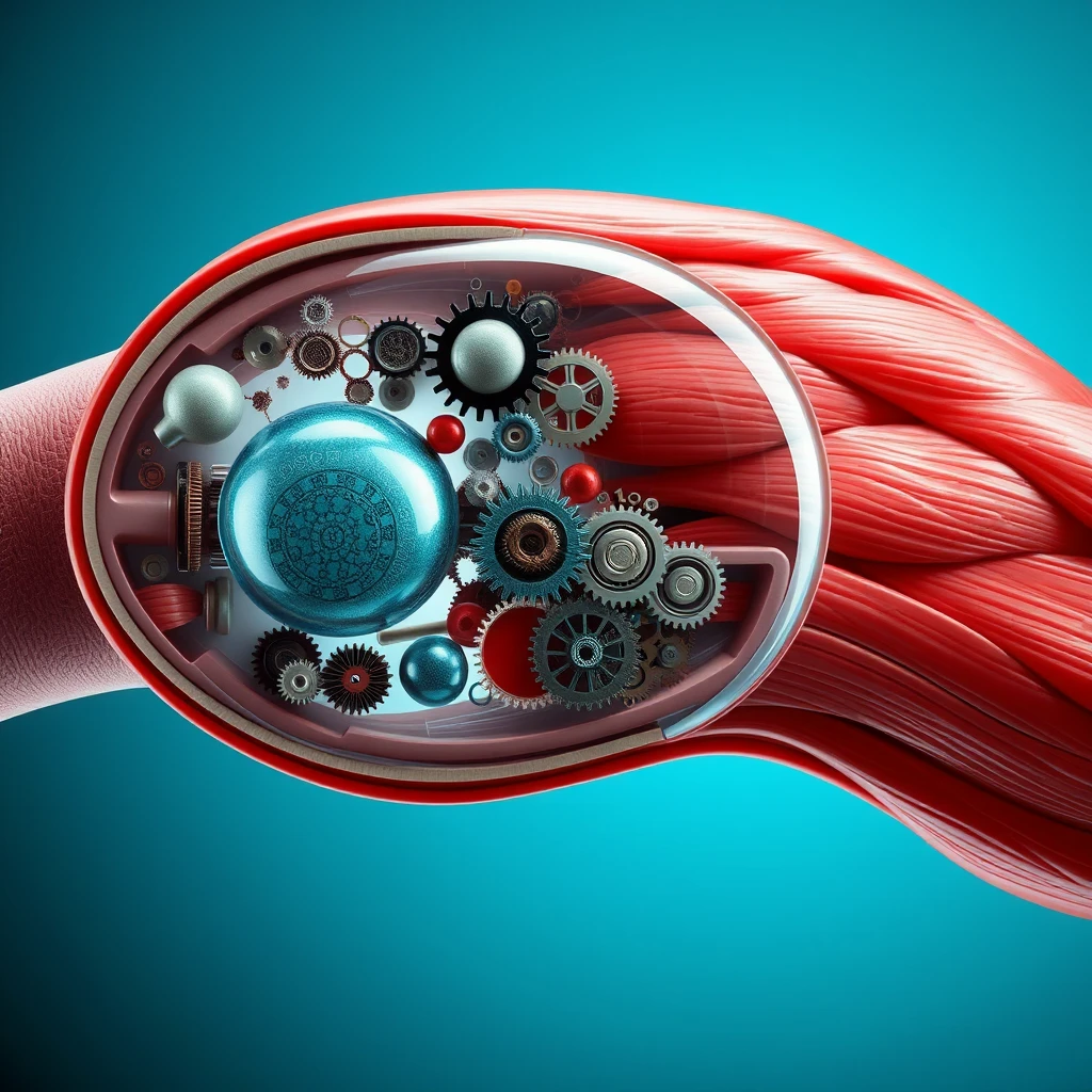 A human muscle cell showing the internals including the main organelles, however each organelle is represented as a mechanical machine with a large number of small interconnected cogs and gears.