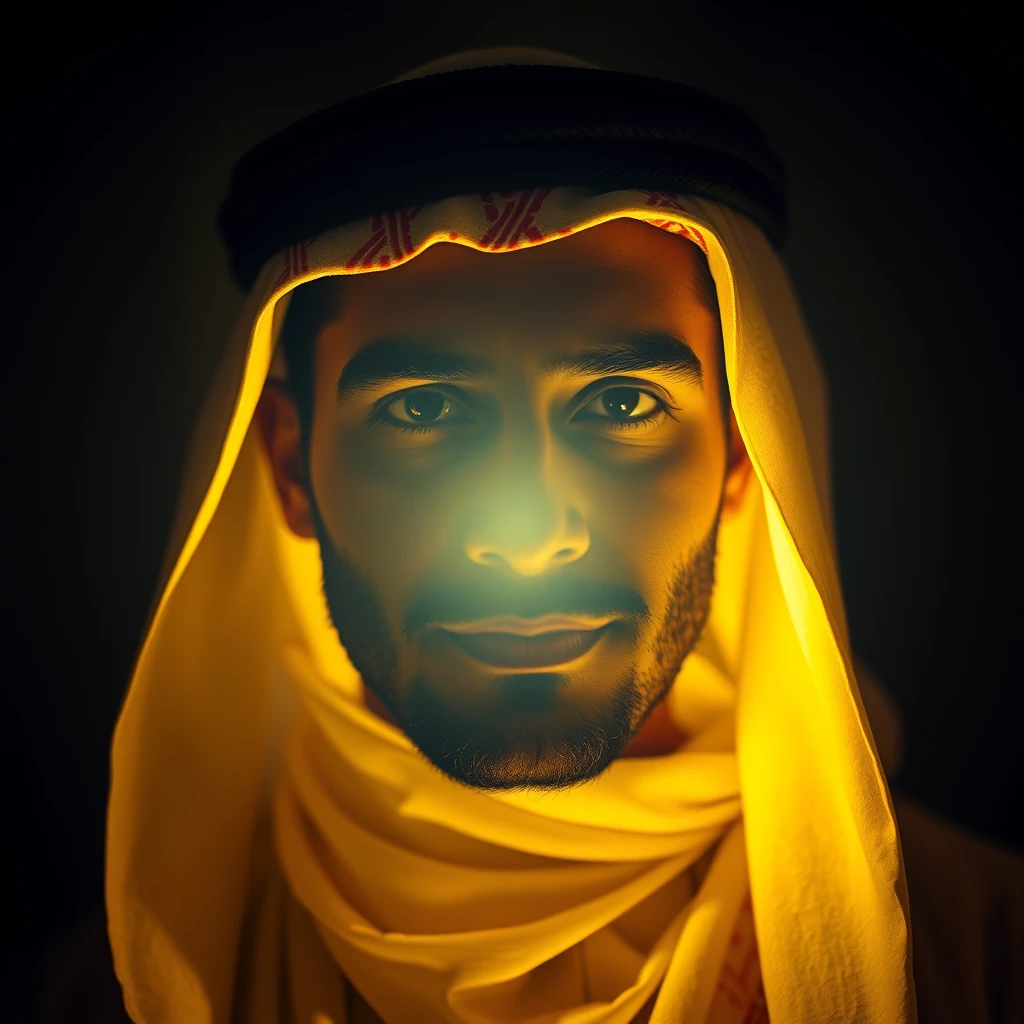 "Create an image of an Arab person with their face illuminated by a very bright, intense light source. The light is so strong that the facial features are obscured and not visible. The background should be subtle to emphasize the brightness of the light. The person's clothing should be traditional, such as a thobe or keffiyeh, but keep the focus on the effect of the light rather than specific details."