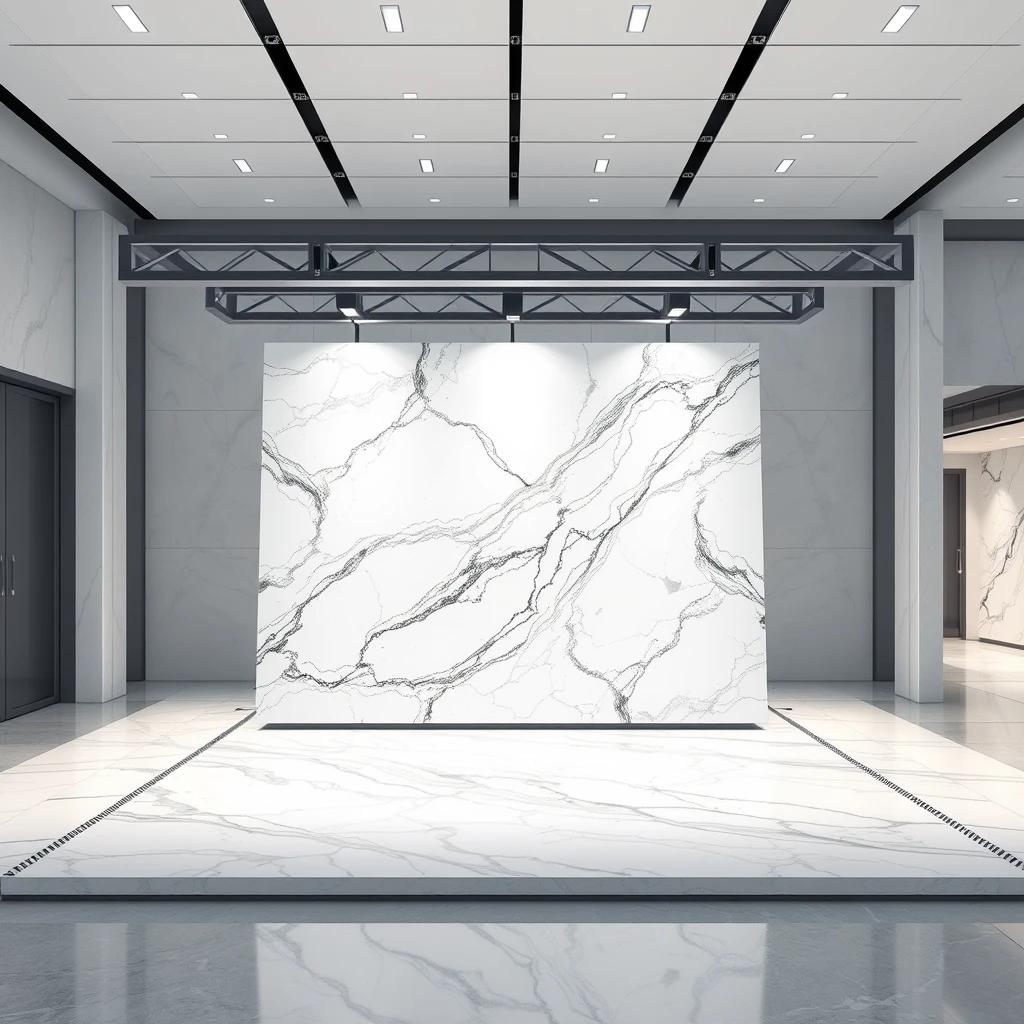 Please create an animation showing a smart, stylish automated display system that can hold large 4-meter-sized polished marble panels, such that the marble panels can be carried up to the display arena using a combination of overhead rails and AGVs, and upon arriving, automatically arrange into an L-shaped bookmatch format for the best viewing experience.