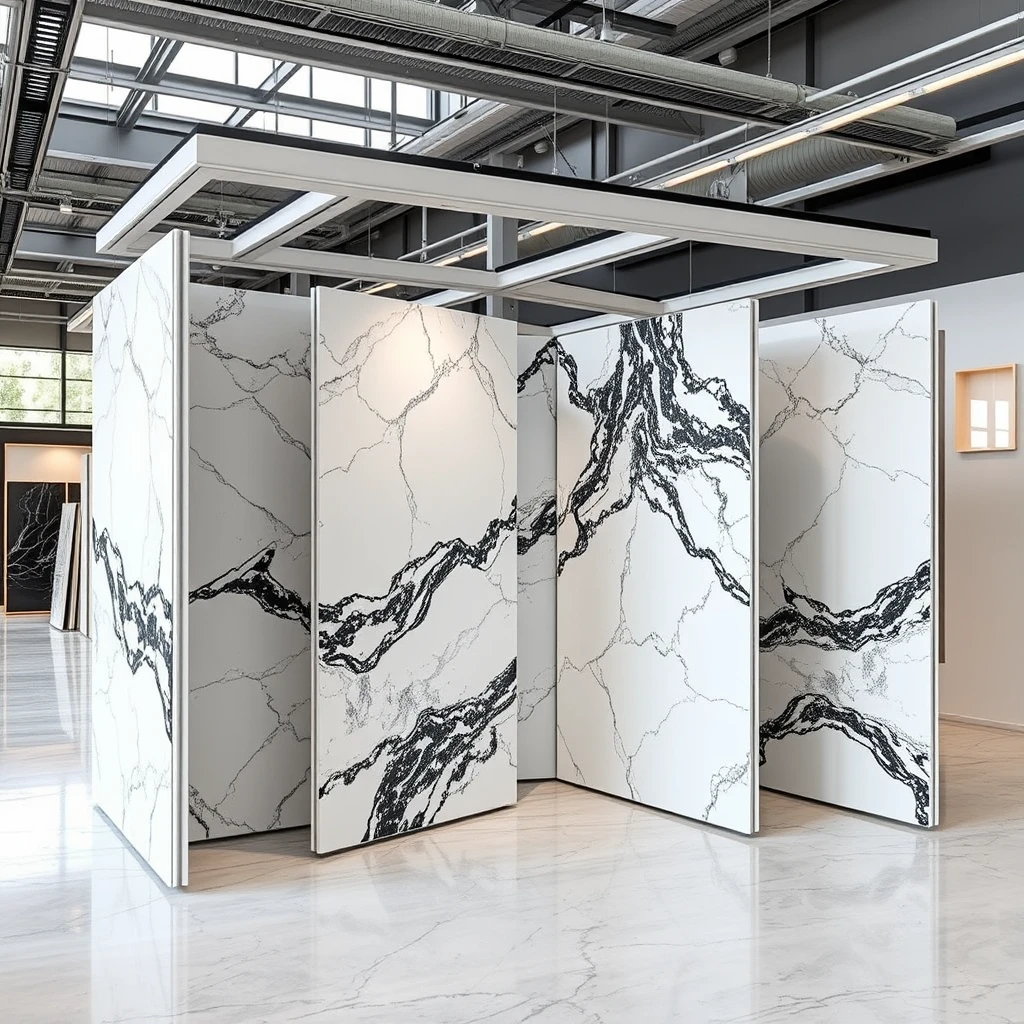 Smart, stylish automated display system that can hold large 4 meter sized, polished marble panels such that the marble panels can be carried on overhead rails, automatically arranging into L-shaped bookmatch format, for best viewing experience.